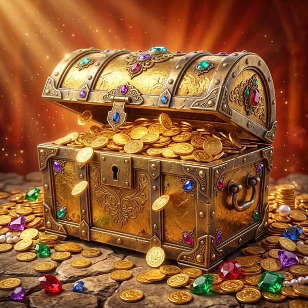 Overflowing gold treasure chest with scattered gems and coins